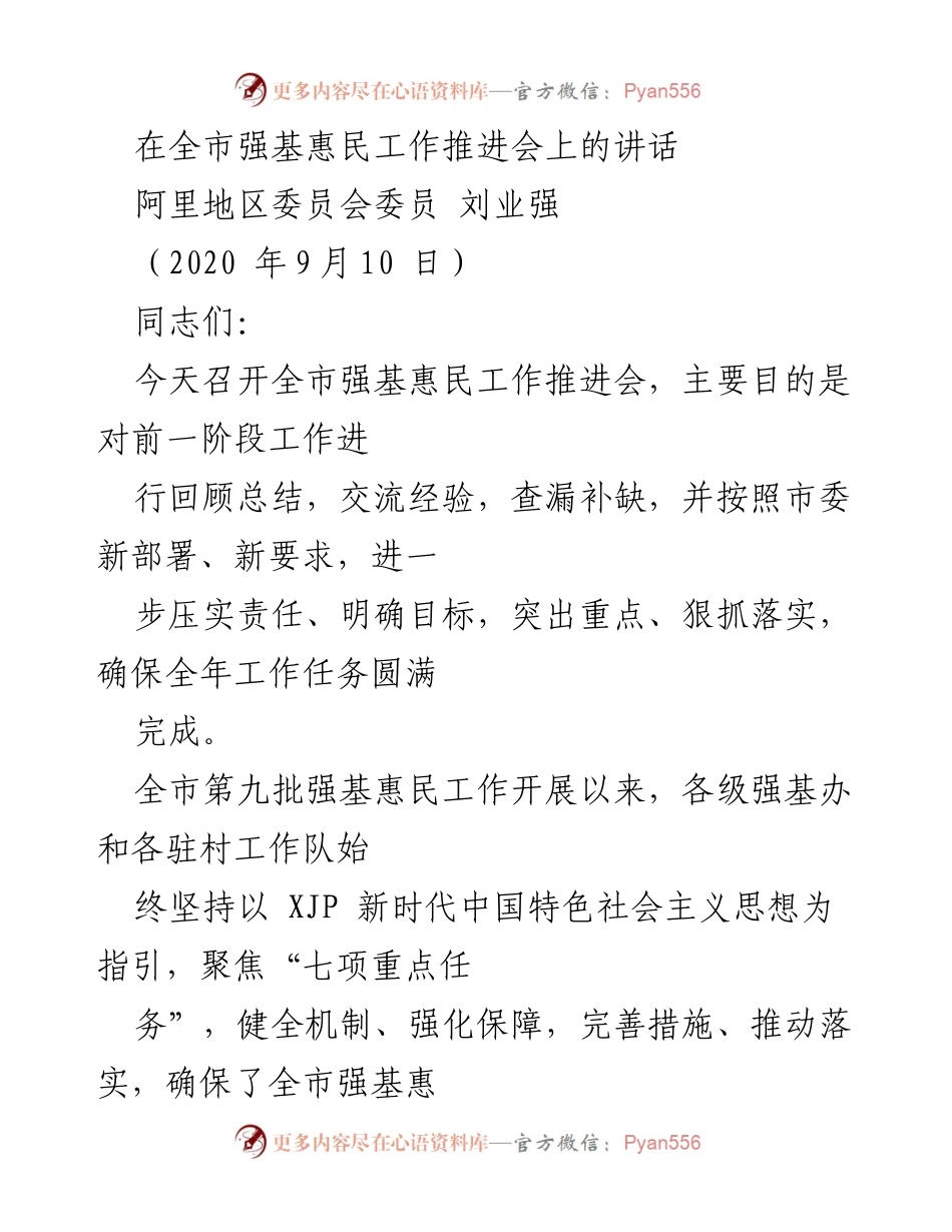 [发言] 强基惠民工作推进会 - 加强落实，推动全市强基惠民工作新成效.docx_第1页