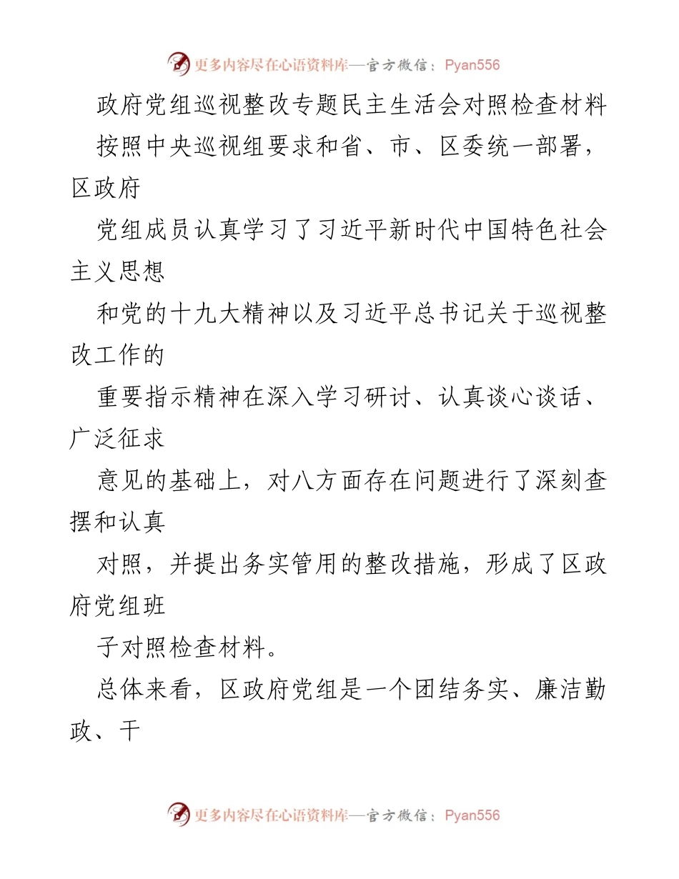 [发言] 政府党组巡视整改专题民主生活会 - 区政府党组巡视整改对照检查及整改措施总结.docx_第1页