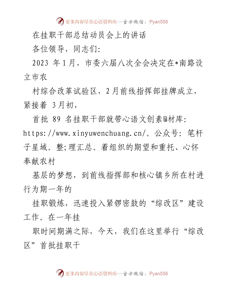 [发言] 挂职干部总结动员会 - “综改区”挂职干部总结与动员讲话.docx_第1页