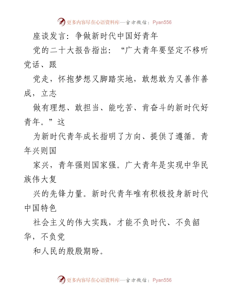 [发言] 座谈会 - 争做新时代中国好青年：坚定理想与担当使命.docx_第1页