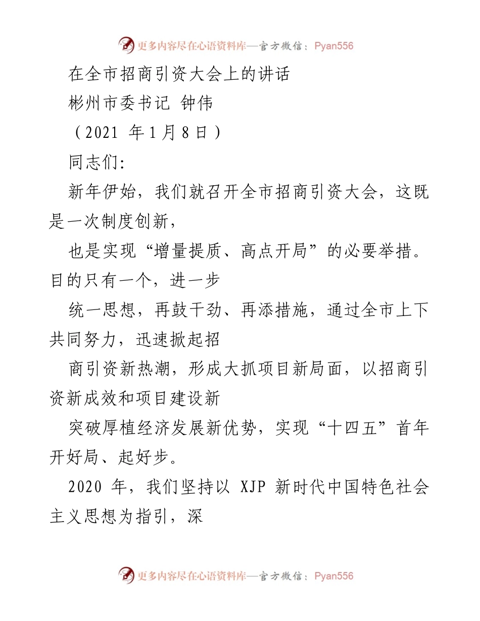 [发言] 招商引资大会 - 彬州市招商引资大会上的重要讲话.docx_第1页