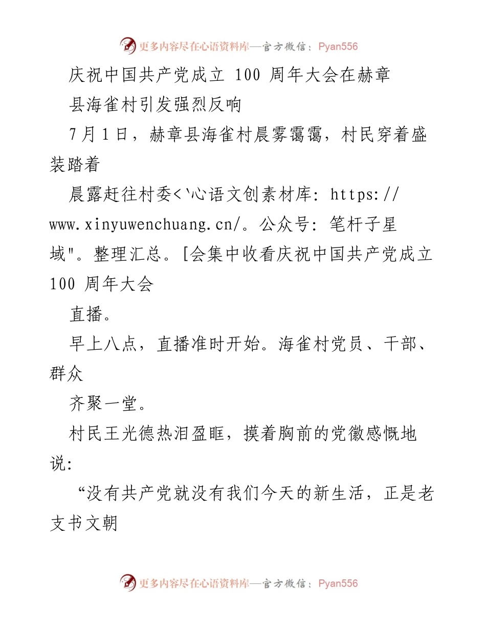 [发言] 庆祝大会 - 海雀村民热议党的百年辉煌与新生活.docx_第1页