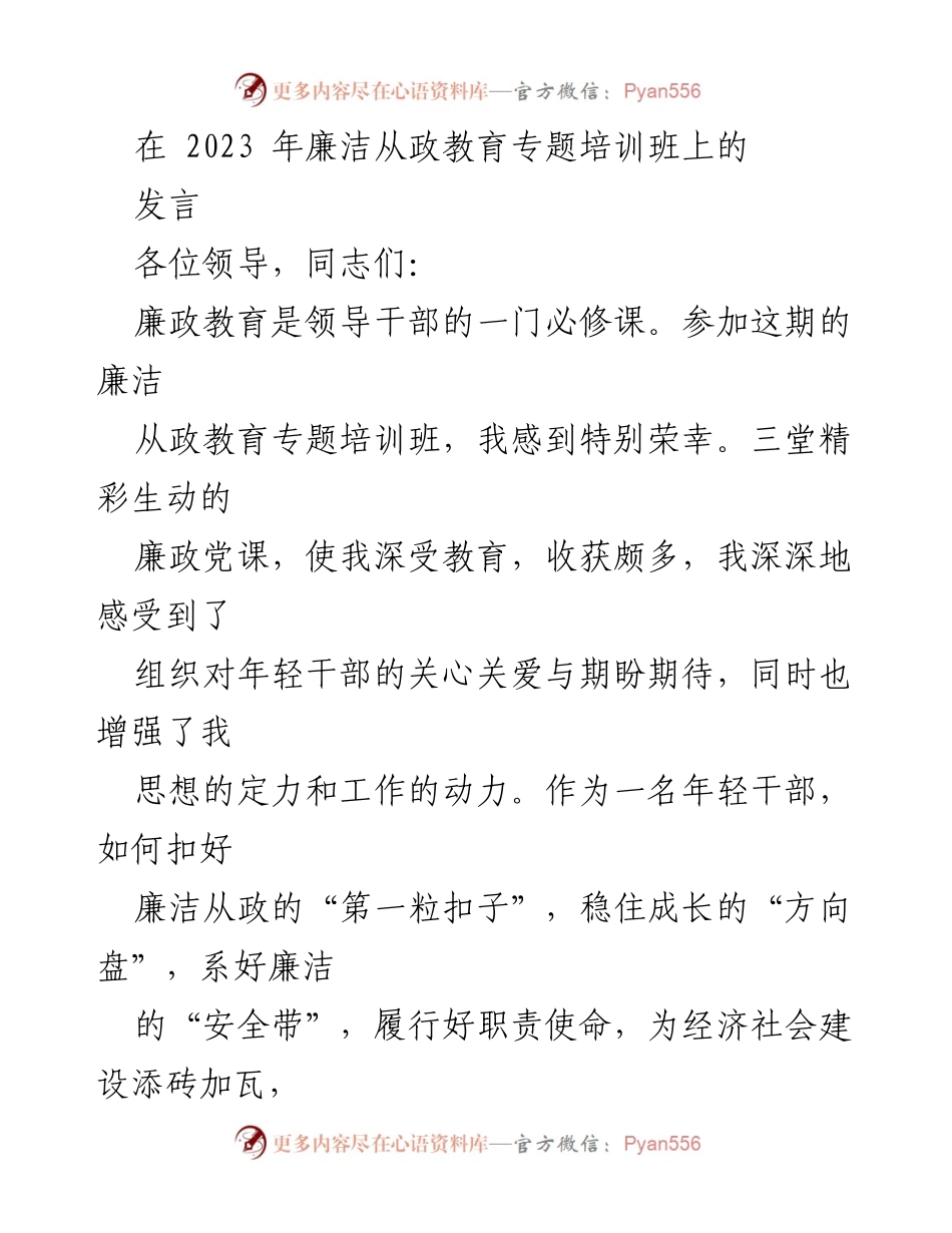 [发言] 廉洁从政教育专题培训班 - 坚守初心，履行职责：年轻干部的廉政教育心得.docx_第1页