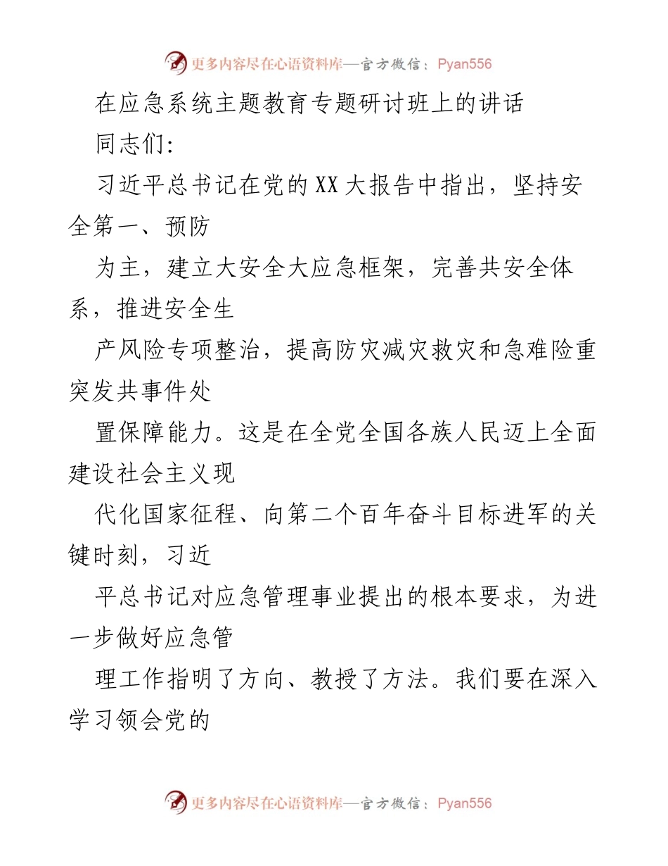 [发言] 应急系统主题教育专题研讨班 - 加强应急管理，提升安全防范能力.docx_第1页