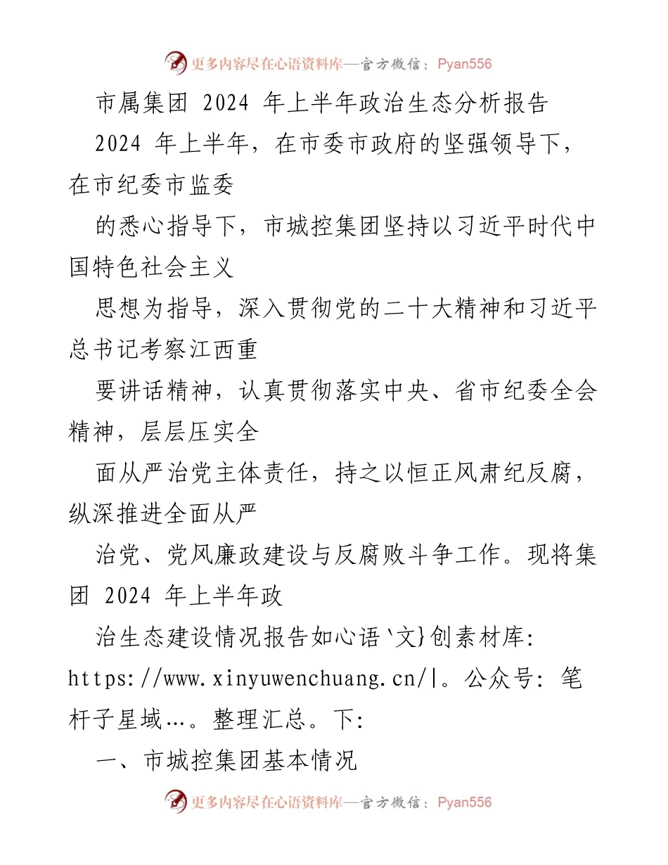 [发言] 政治生态分析会议 - 市属集团2024年上半年政治生态分析报告.docx_第1页