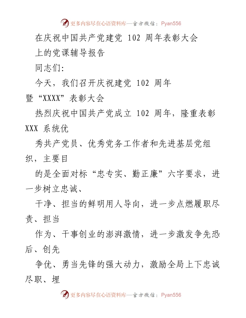 [发言] 庆祝建党 102 周年表彰大会 - 提升能力，激励担当：庆祝建党102周年党课辅导报告.docx_第1页