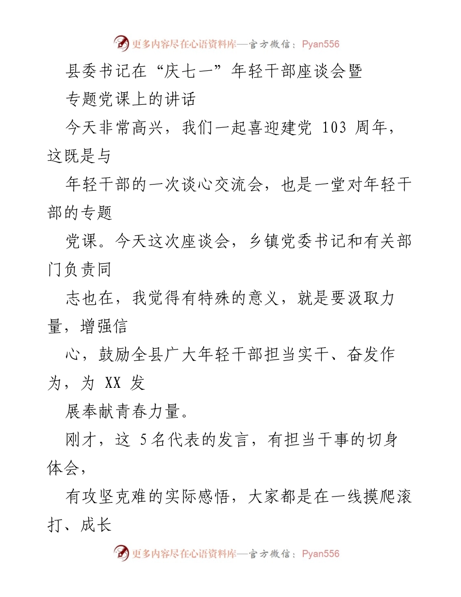 [发言] 座谈会 - 强化年轻干部担当意识，助力县域发展.docx_第1页