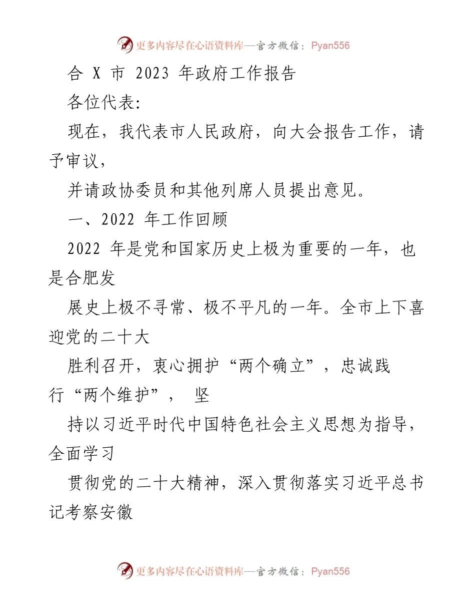 [发言] 政府工作报告 - 合肥市2023年政府工作报告总结与展望.docx_第1页