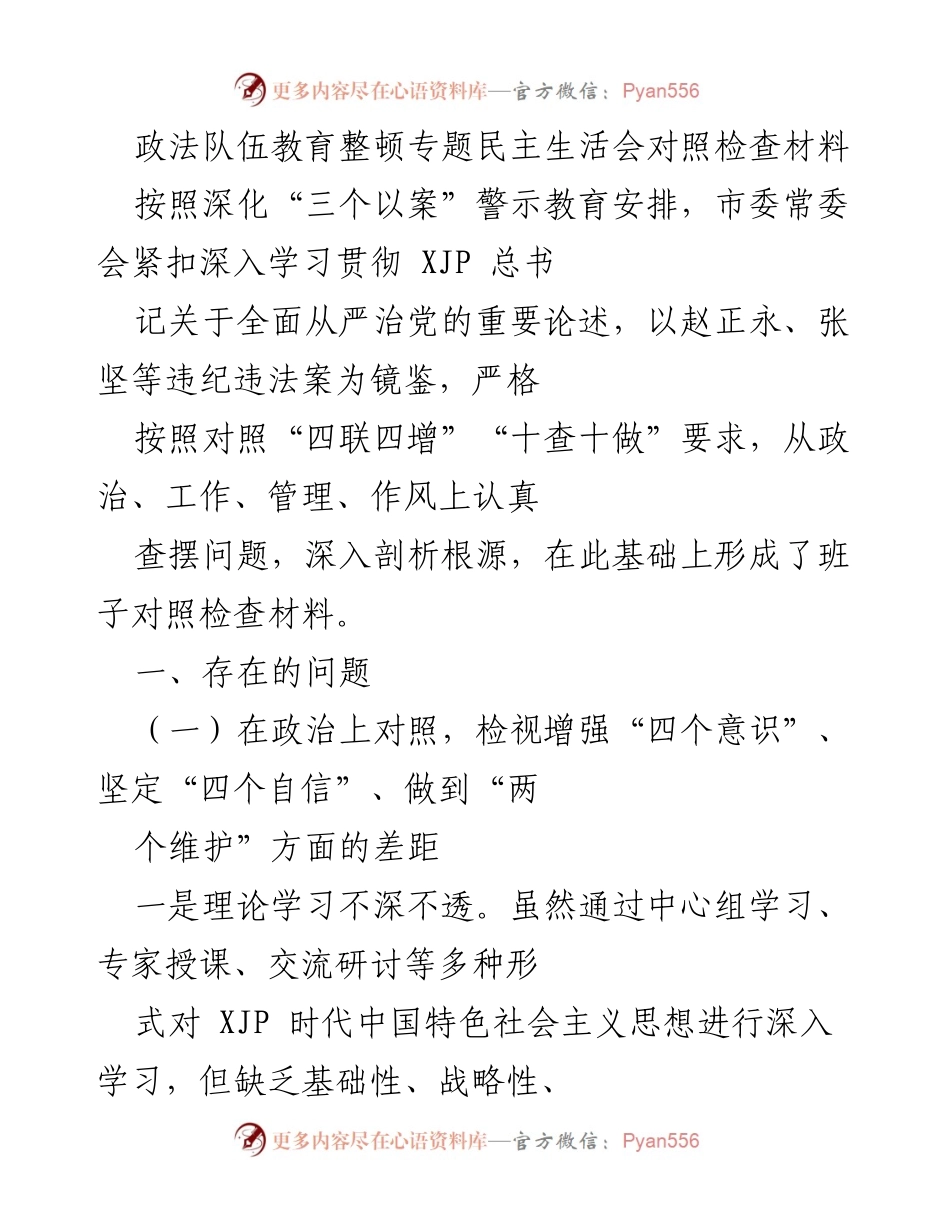 [发言] 政法队伍教育整顿专题民主生活会 - 政治与工作问题对照检查材料分析.docx_第1页
