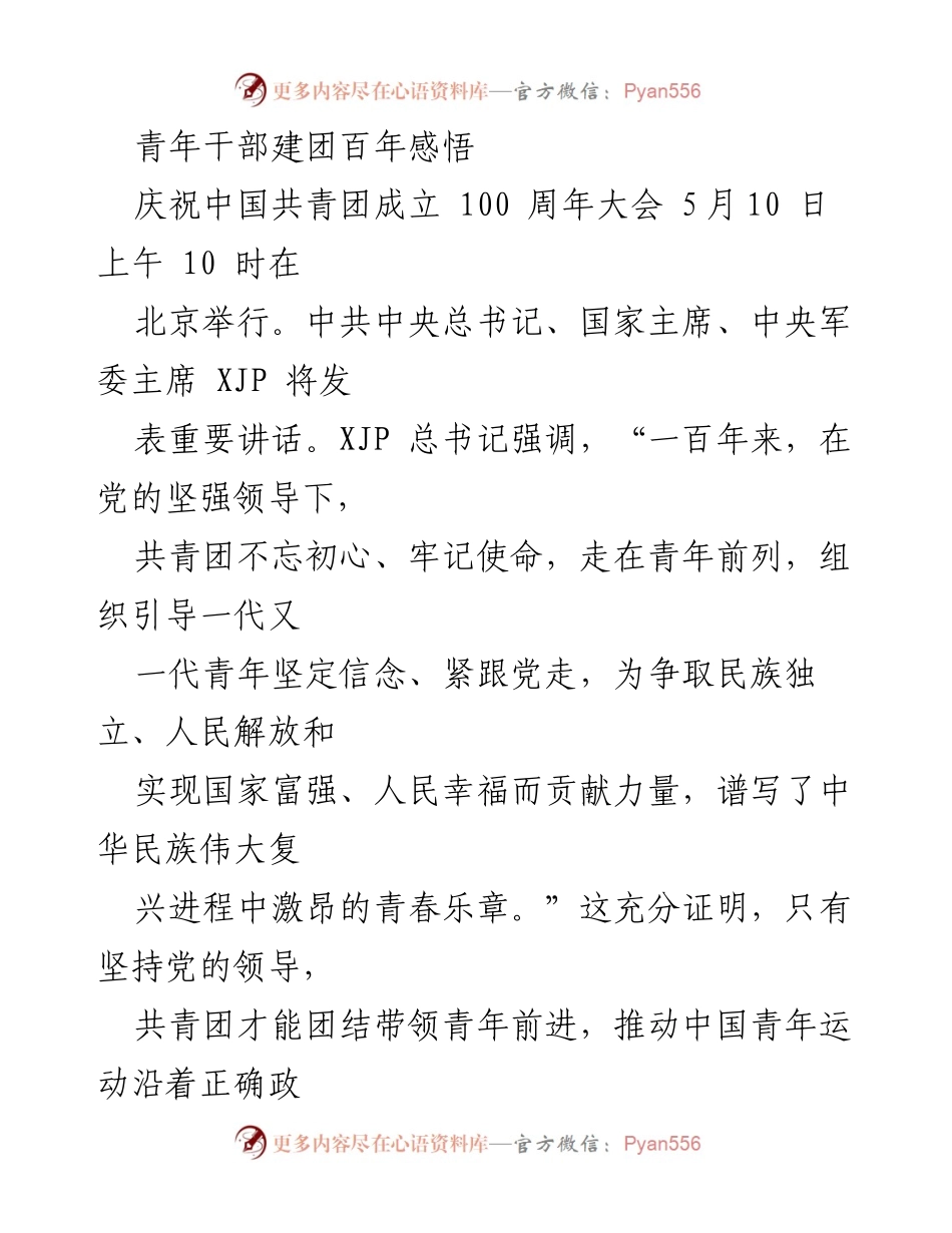 [发言] 庆祝中国共青团成立 100 周年大会 - 青年干部的家国情怀与使命担当.docx_第1页