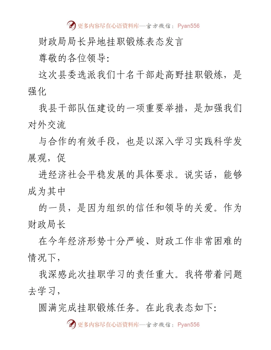 [发言] 挂职锻炼动员会 - 财政局长对挂职锻炼的郑重表态与承诺.docx_第1页