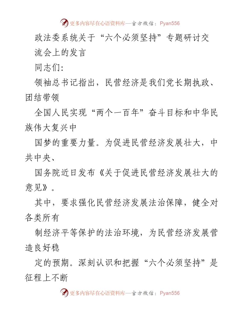 [发言] 政法委系统专题研讨会 - 深入理解“六个必须坚持”促进民营经济发展.docx_第1页