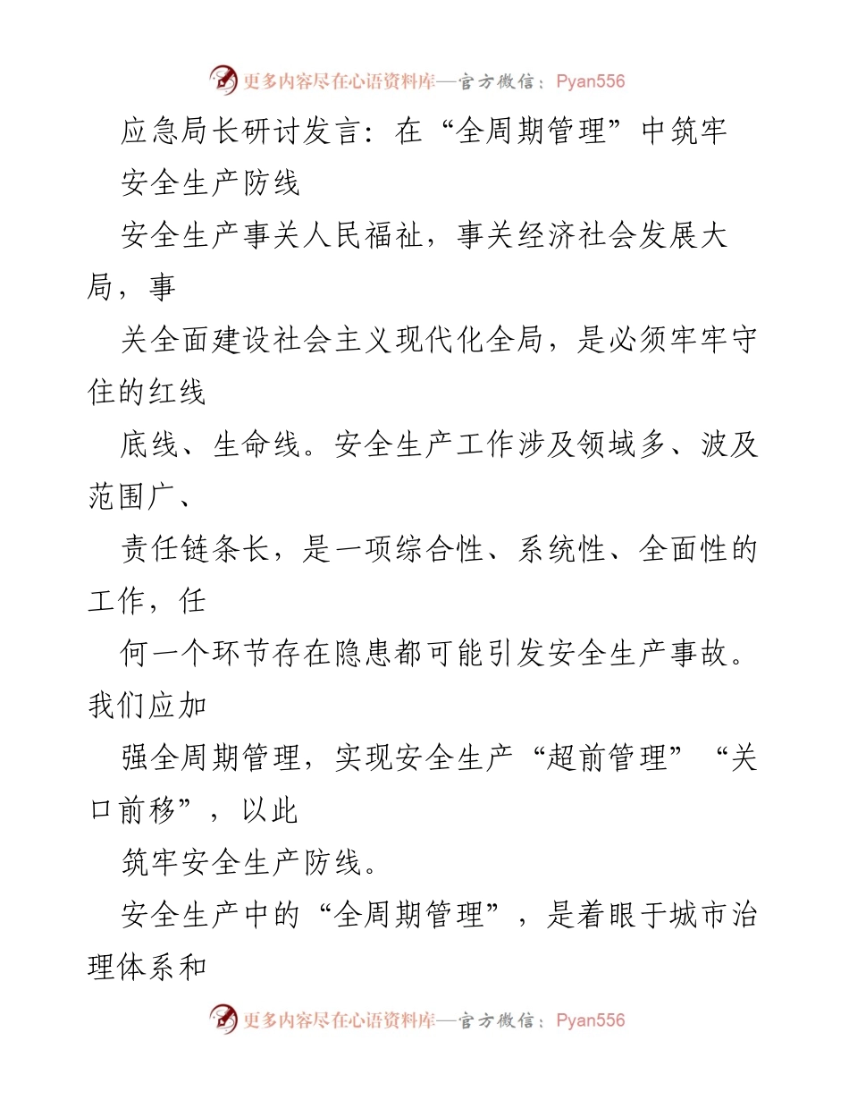 [发言] 应急局长研讨会 - 在全周期管理中筑牢安全生产防线.docx_第1页