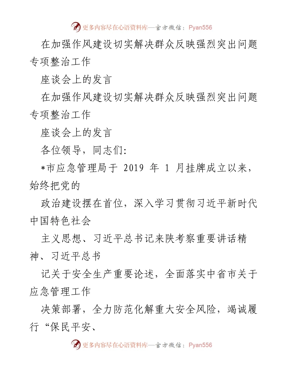 [发言] 座谈会 - 加强作风建设，提升安全生产治理能力.docx_第1页