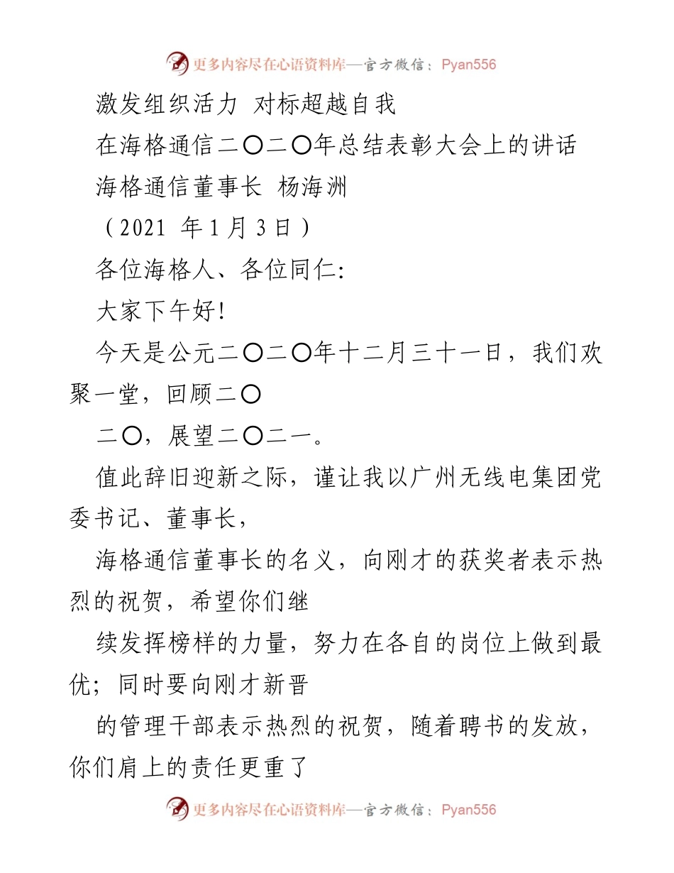 [发言] 总结表彰大会 - 激发组织活力，展望海格通信新征程.docx_第1页