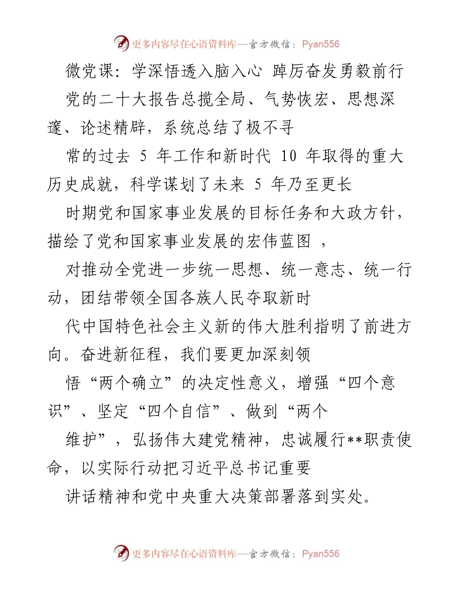 [发言] 微党课 - 深刻领悟党的二十大精神，奋力推动新时代伟大事业.docx_第1页