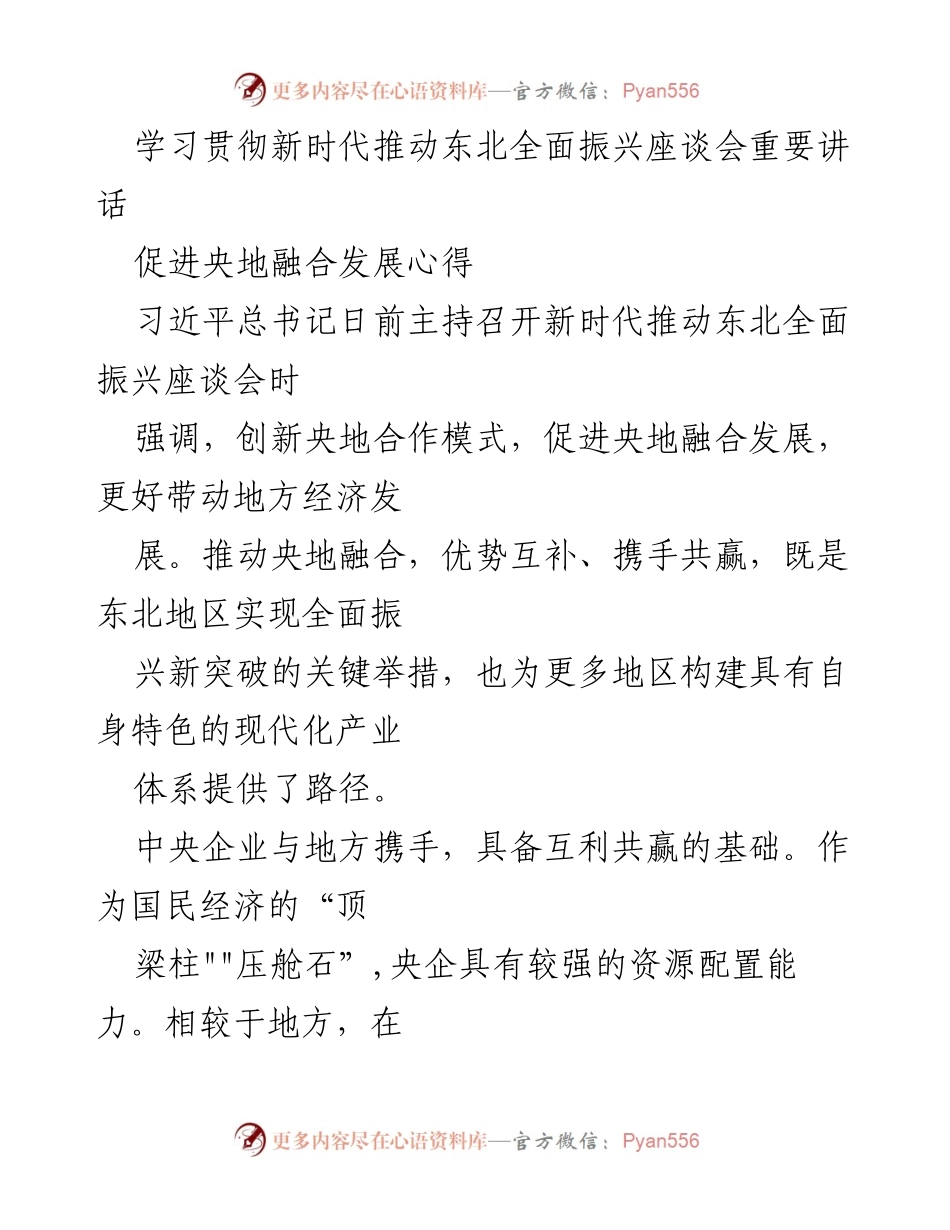 [发言] 座谈会 - 创新央地合作模式，推动东北全面振兴.docx_第1页