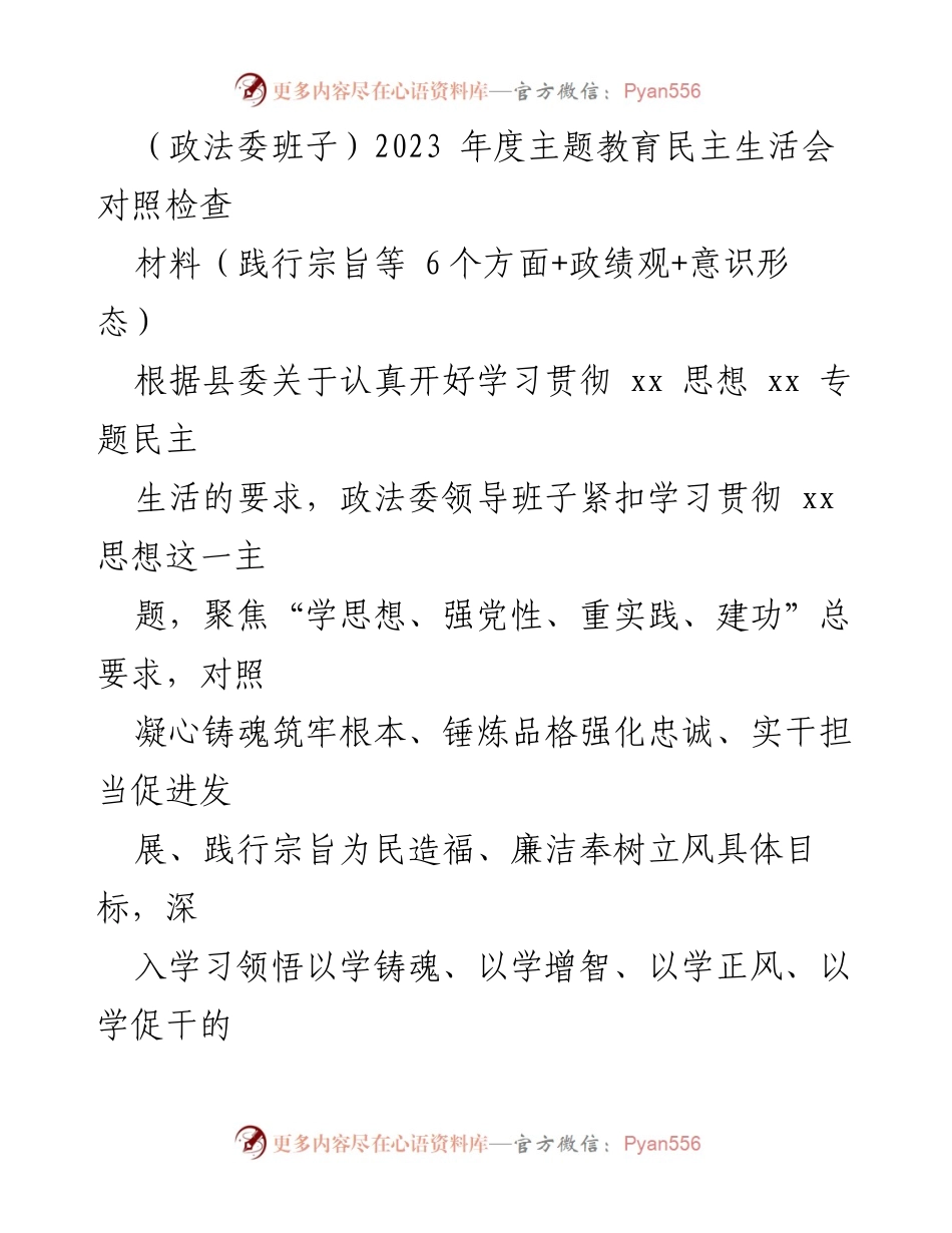 [发言] 政法委班子年度主题教育民主生活会 - 2023年度主题教育民主生活会对照检查及整改措施.docx_第1页