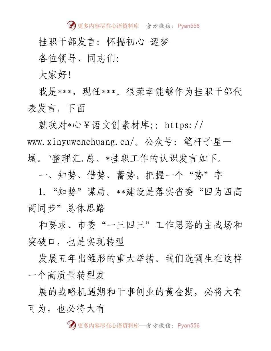 [发言] 挂职干部交流会 - 怀揣初心，逐梦：挂职干部的使命与担当.docx_第1页