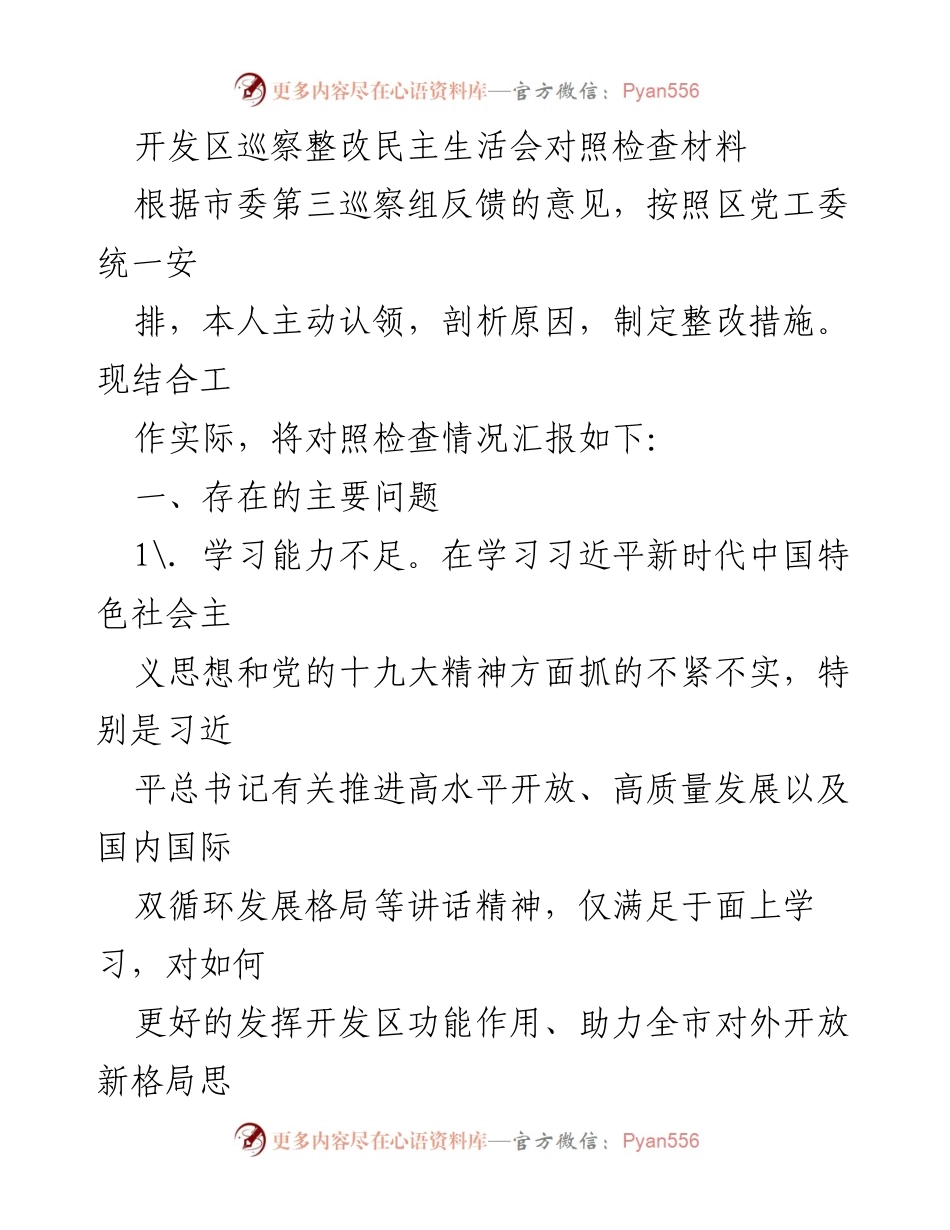 [发言] 开发区巡察整改民主生活会 - 开发区巡察整改自查与反思报告.docx_第1页