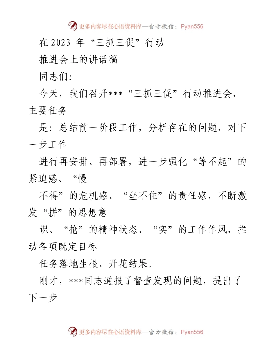 [发言] 推进会 - 强化“三抓三促”行动，推动工作落实与整改.docx_第1页