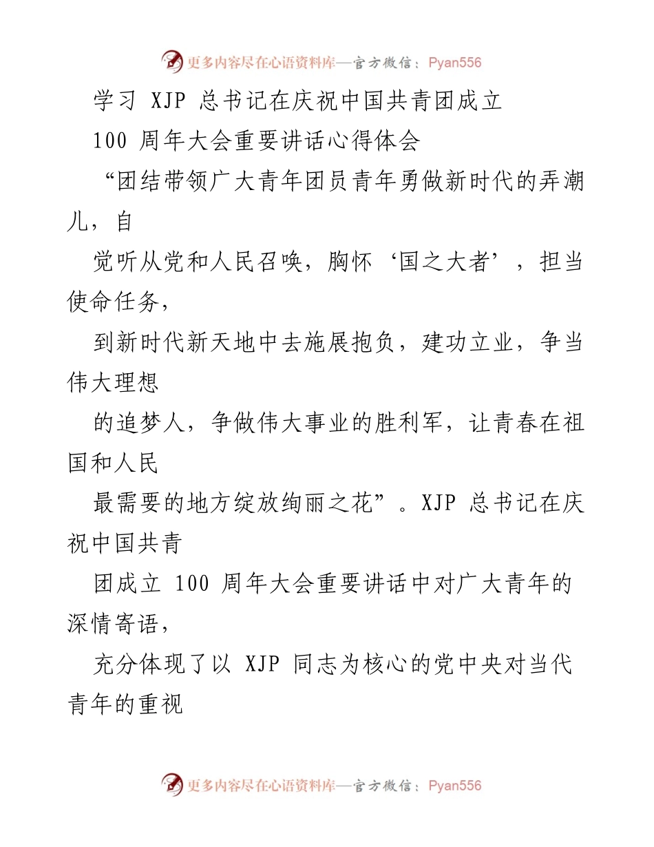 [发言] 庆祝大会 - 深情寄语：新时代共青团干部的使命与担当.docx_第1页