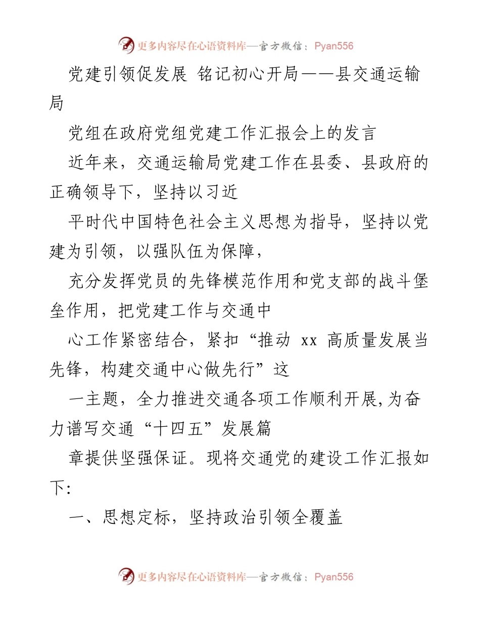 [发言] 政府党组党建工作汇报会 - 党建引领交通发展，牢记初心使命.docx_第1页