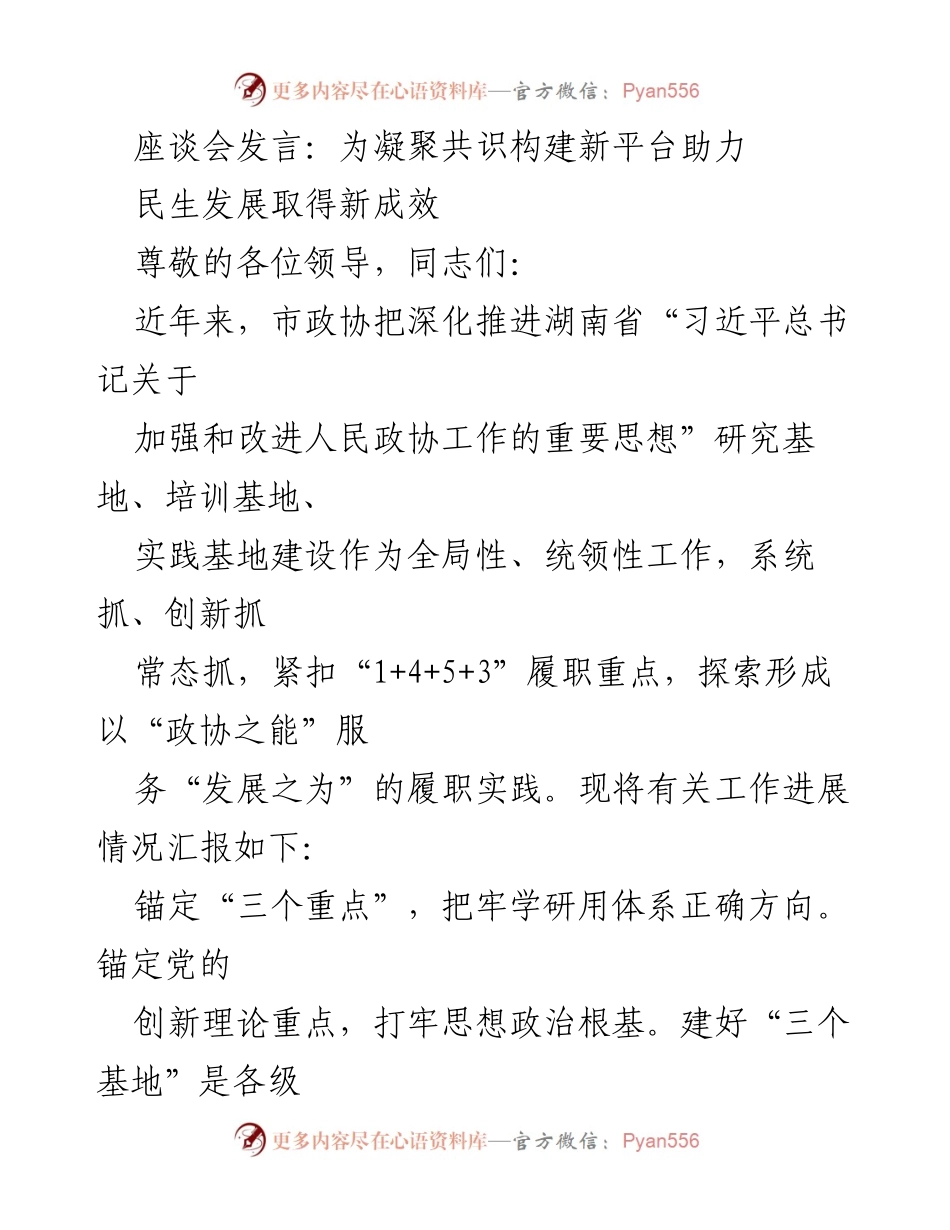 [发言] 座谈会 - 深化政协工作，凝聚共识，共建发展平台.docx_第1页