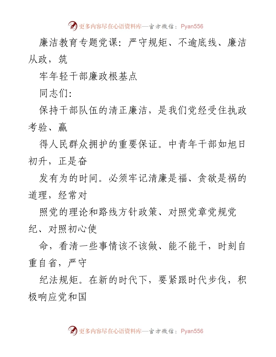 [发言] 廉洁教育专题党课 - 筑牢年轻干部廉政根基，严守规矩与清正廉洁.docx_第1页