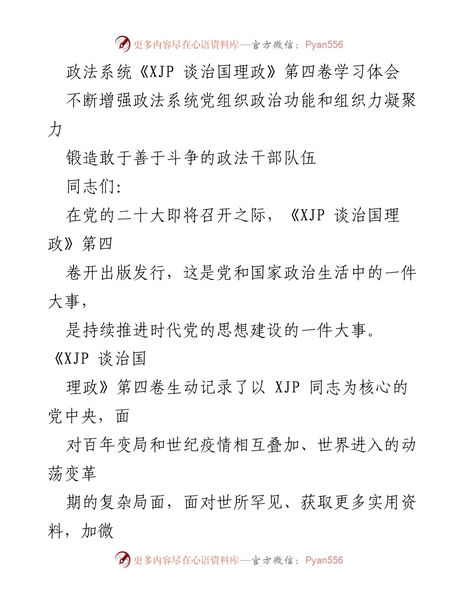 [发言] 政法系统学习会 - 深入学习《XJP 谈治国理政》第四卷，奋力实现更出彩的政法工作.docx_第1页