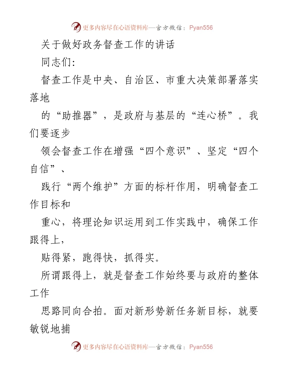 [发言] 政务督查工作会议 - 加强督查工作，推动决策落实.docx_第1页