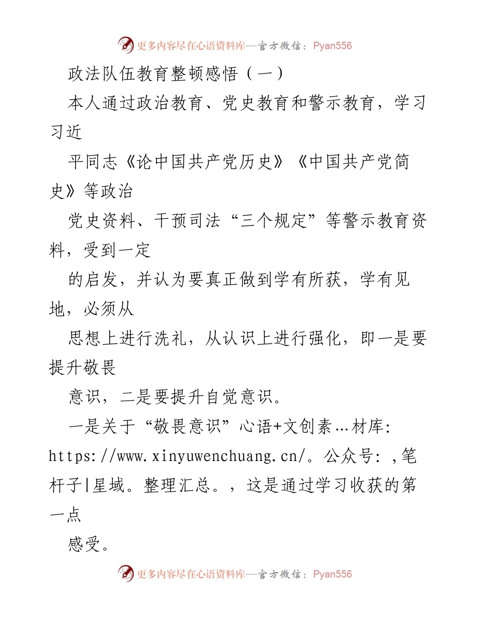 [发言] 政法队伍教育整顿 - 提升敬畏与自觉意识的体会.docx_第1页