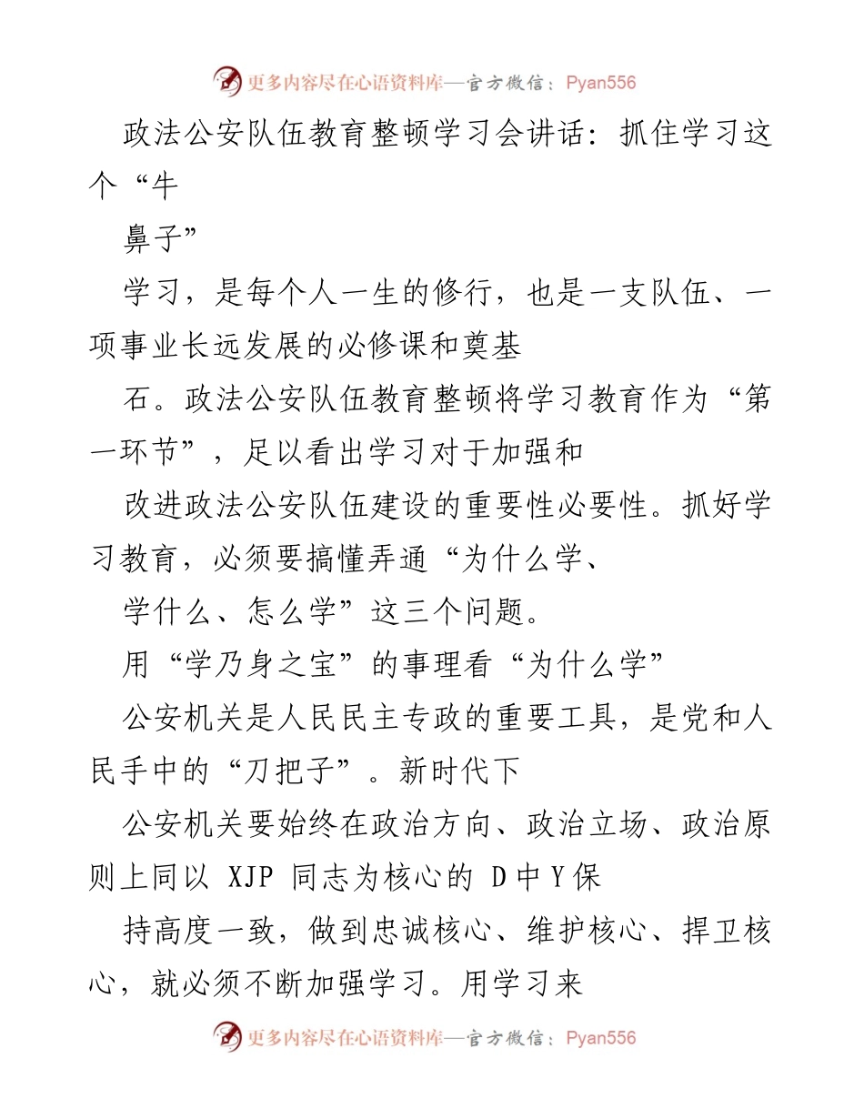 [发言] 政法公安队伍教育整顿学习会 - 学习教育：提升政法公安队伍建设的“牛鼻子”.docx_第1页
