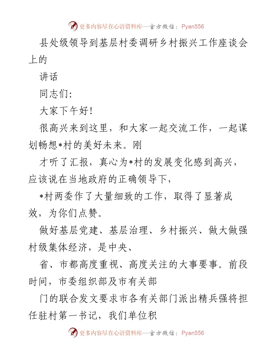 [发言] 座谈会 - 深入调研乡村振兴工作，共谋美好未来.docx_第1页