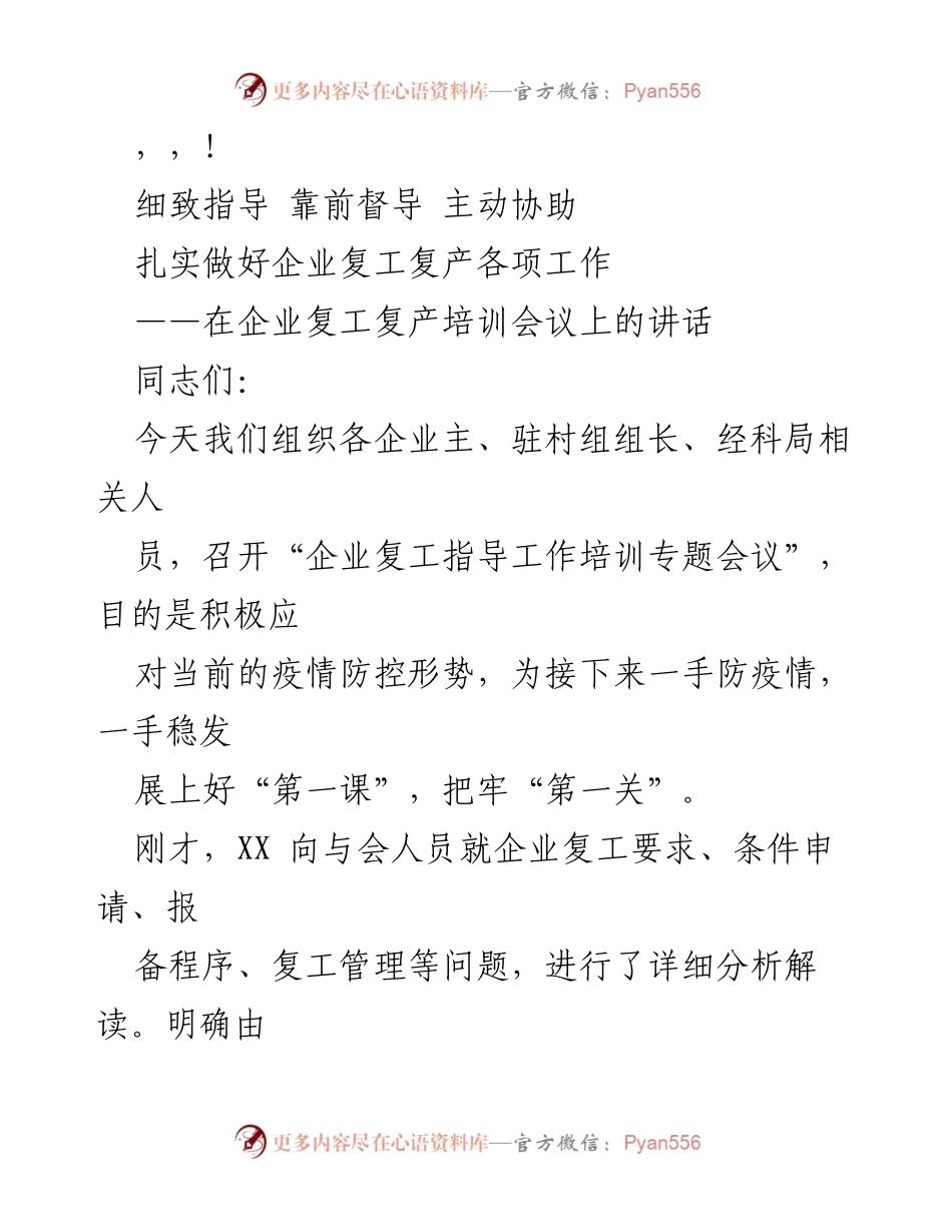 [发言] 扎实做好企业复工复产各项工作培训会议讲话.docx_第1页