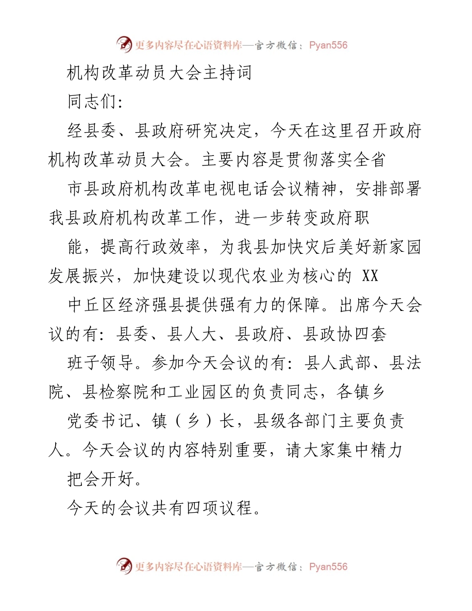 [发言] 政府机构改革动员大会 - 推进政府机构改革，提升行政效率的重要动员讲话.docx_第1页