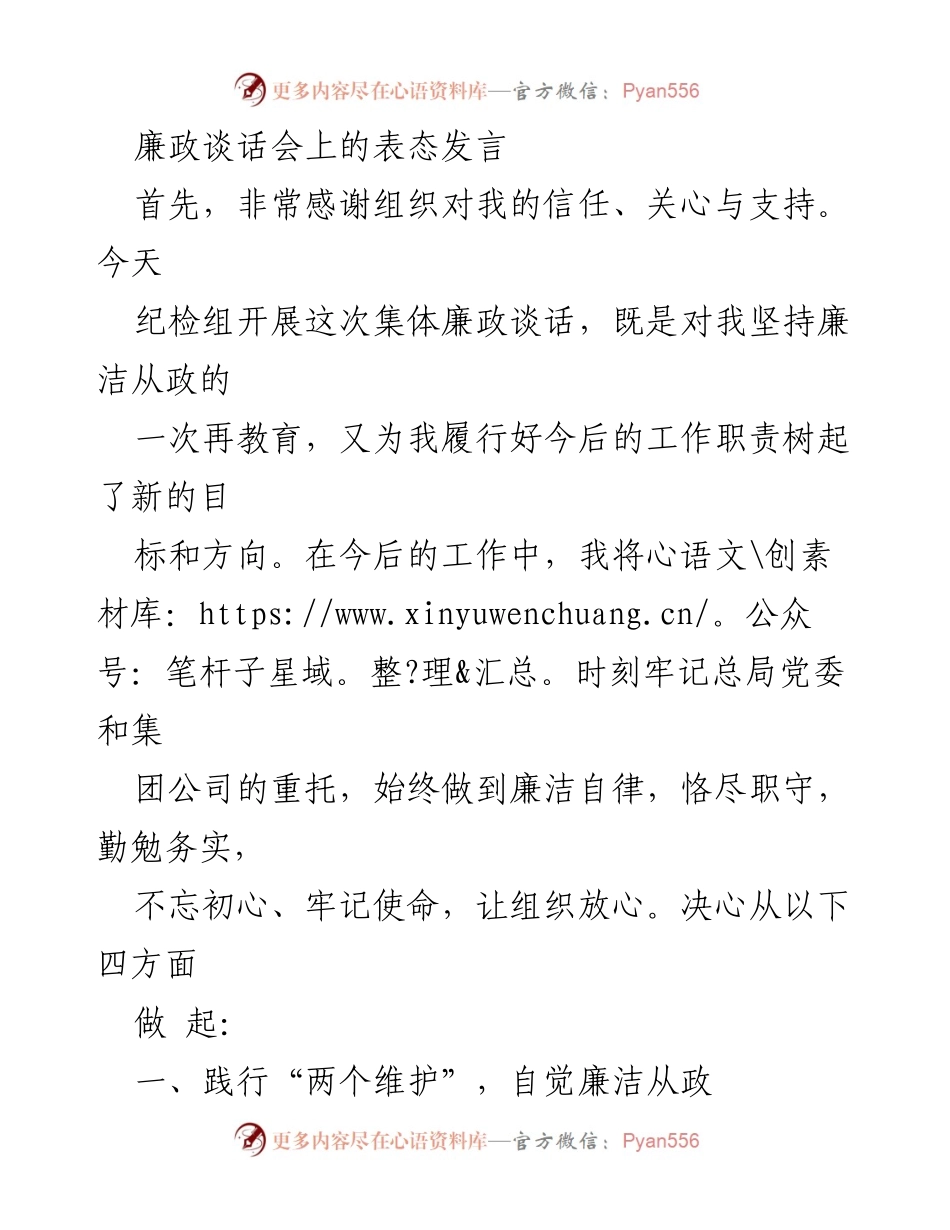 [发言] 廉政谈话会 - 坚守廉洁自律，践行政治责任.docx_第1页