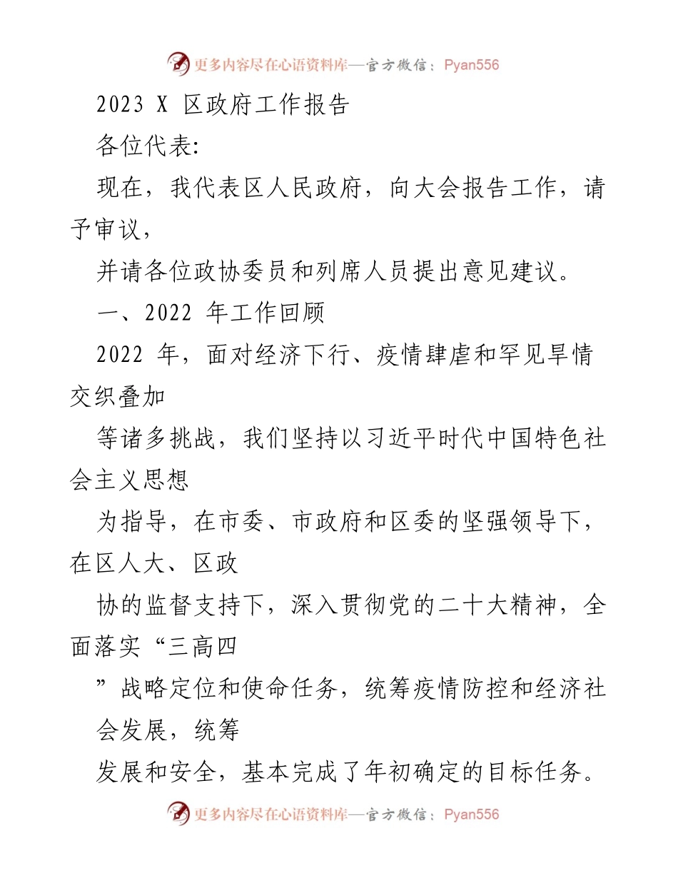 [发言] 政府工作会议 - 2023年X区政府工作报告.docx_第1页