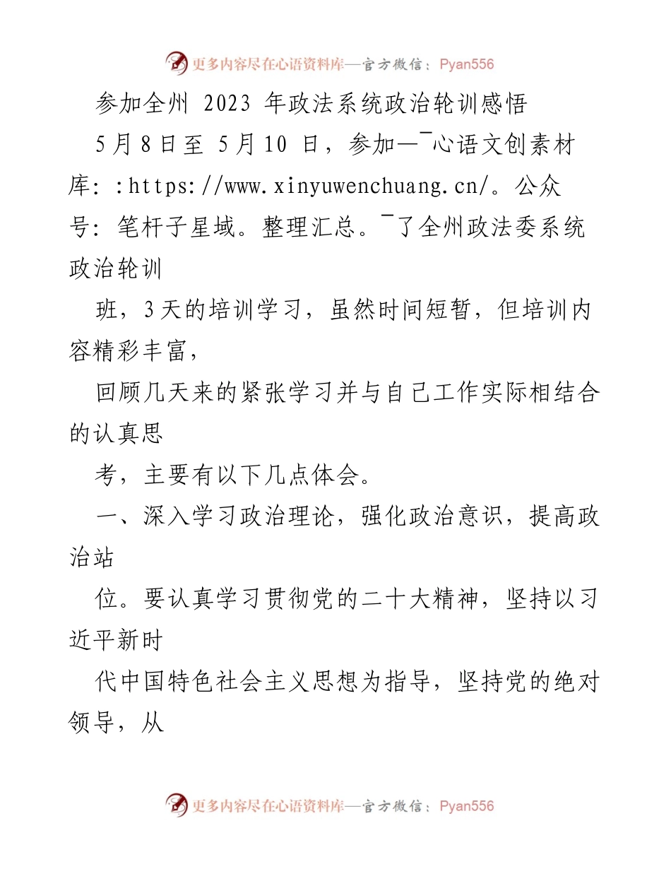 [发言] 政法系统政治轮训 - 深化政治意识，服务人民安全.docx_第1页