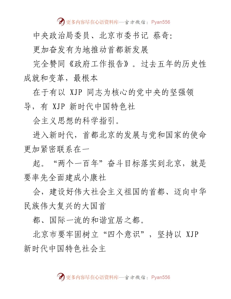 [发言] 政府工作报告讨论会 - 推动首都新发展与牢记使命的双重号召.docx_第1页