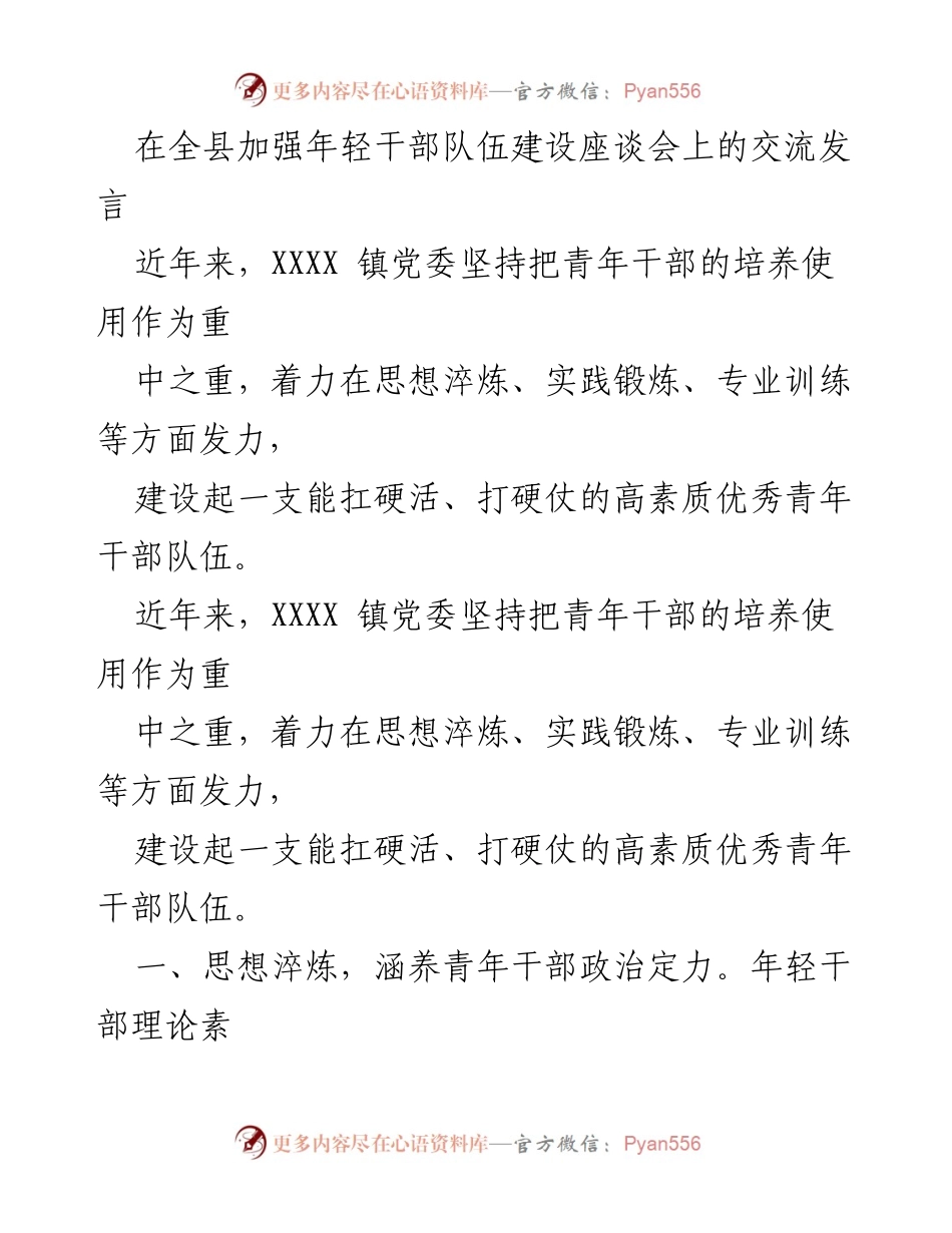 [发言] 座谈会 - 加强年轻干部队伍建设的实践与思考.docx_第1页