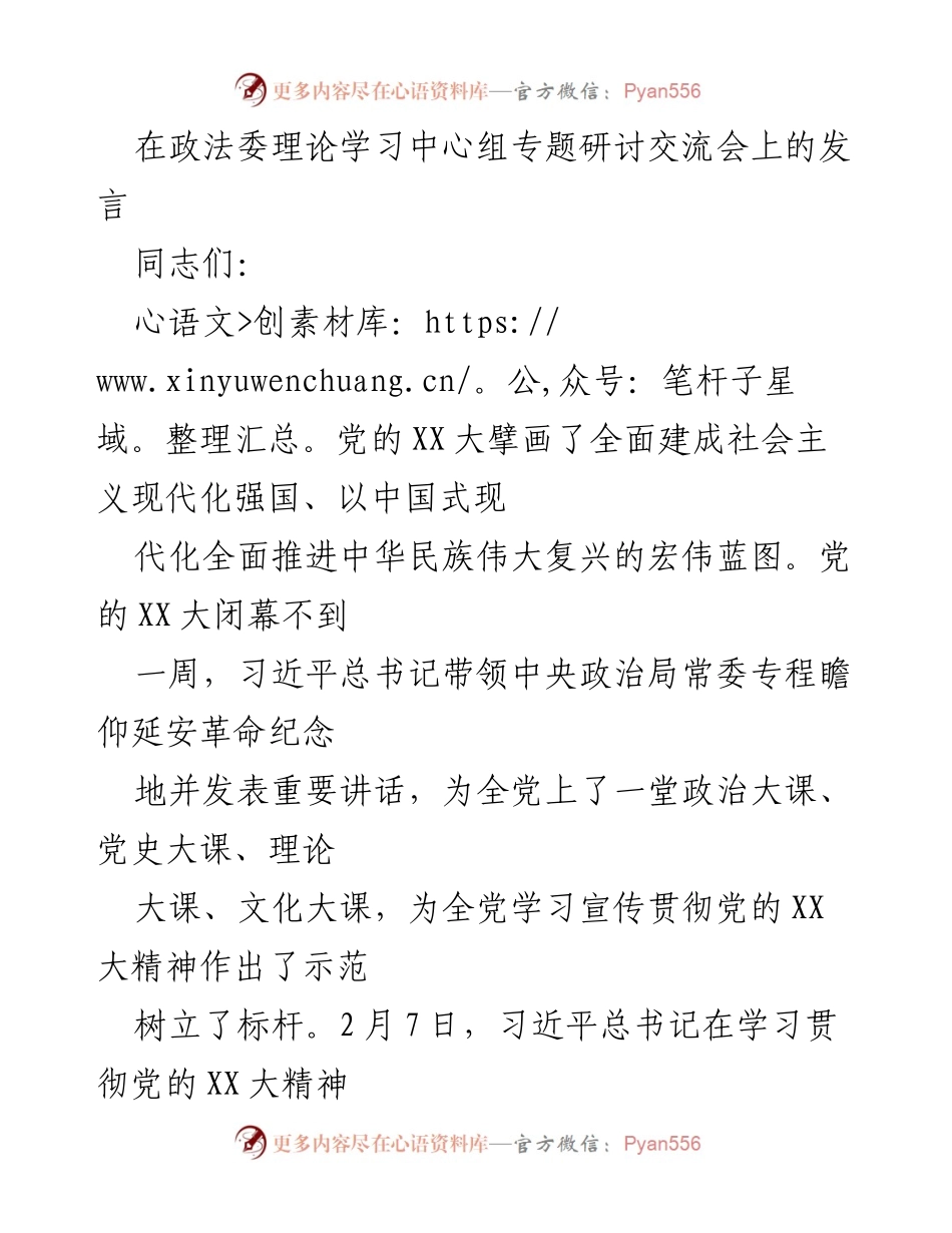 [发言] 政法委理论学习中心组专题研讨交流会 - 学习贯彻党的XX大精神，坚定政治信仰与理论武装.docx_第1页