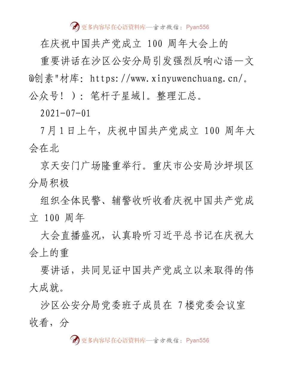 [发言] 庆祝大会 - 党员民警热议习近平总书记重要讲话精神.docx_第1页