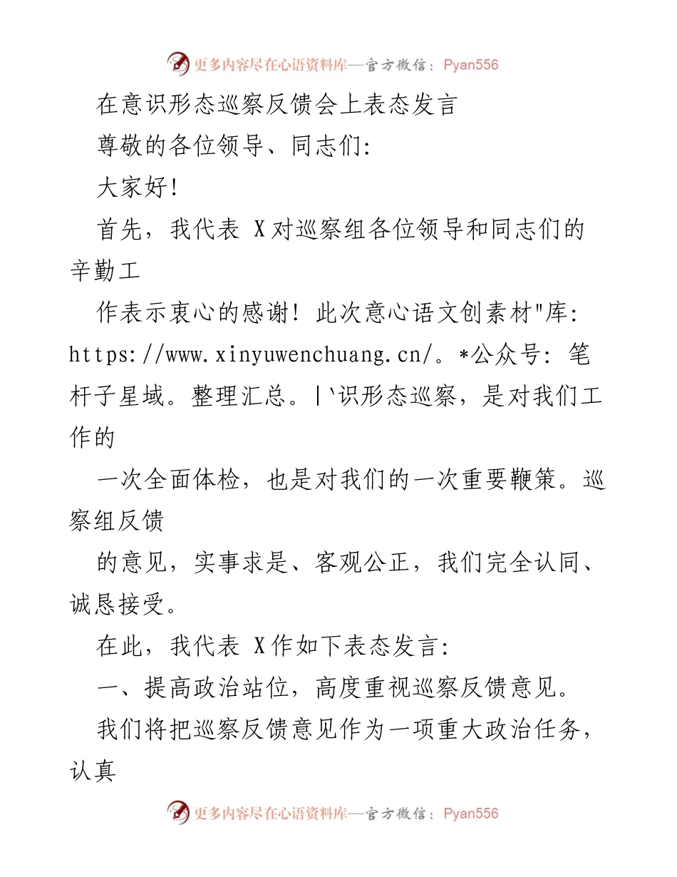 [发言] 意识形态巡察反馈会 - 强化责任担当，推动意识形态整改落实.docx_第1页