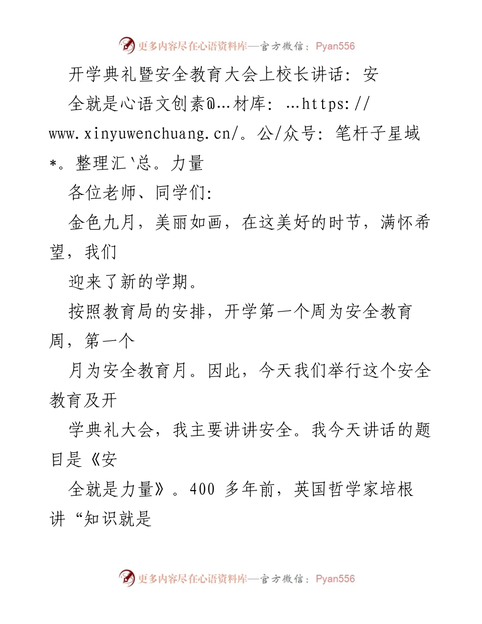 [发言] 开学典礼暨安全教育大会 - 安全就是力量.docx_第1页