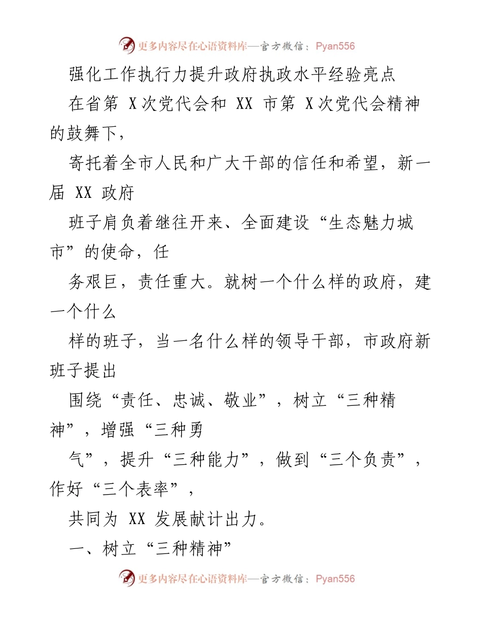 [发言] 政府工作会议 - 强化执行力，提升执政水平的实践与精神.docx_第1页