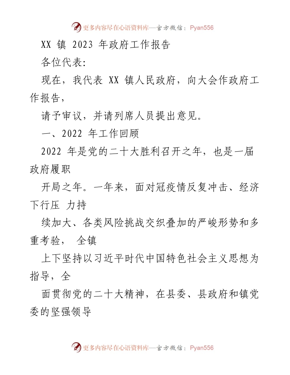 [发言] 政府工作大会 - XX 镇2023年政府工作报告.docx_第1页