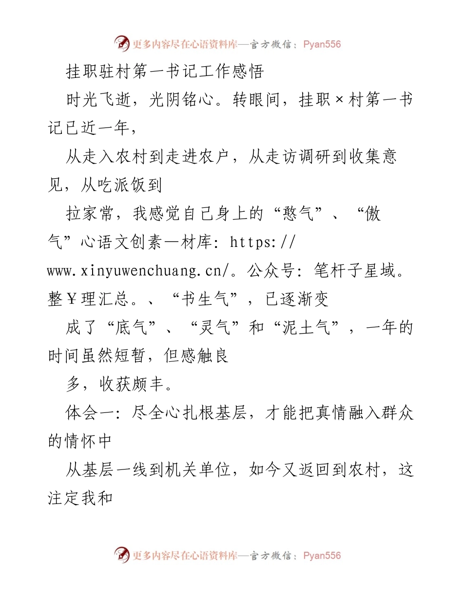 [发言] 挂职驻村总结 - 挂职驻村第一书记的工作体会与反思.docx_第1页