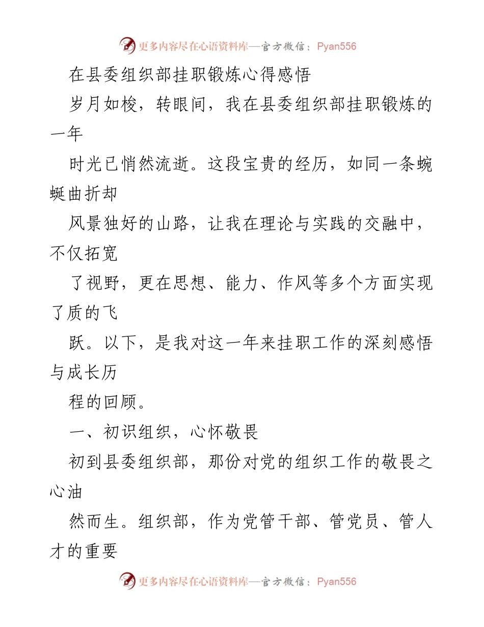 [发言] 挂职锻炼总结 - 在县委组织部挂职锻炼的成长与体会.docx_第1页