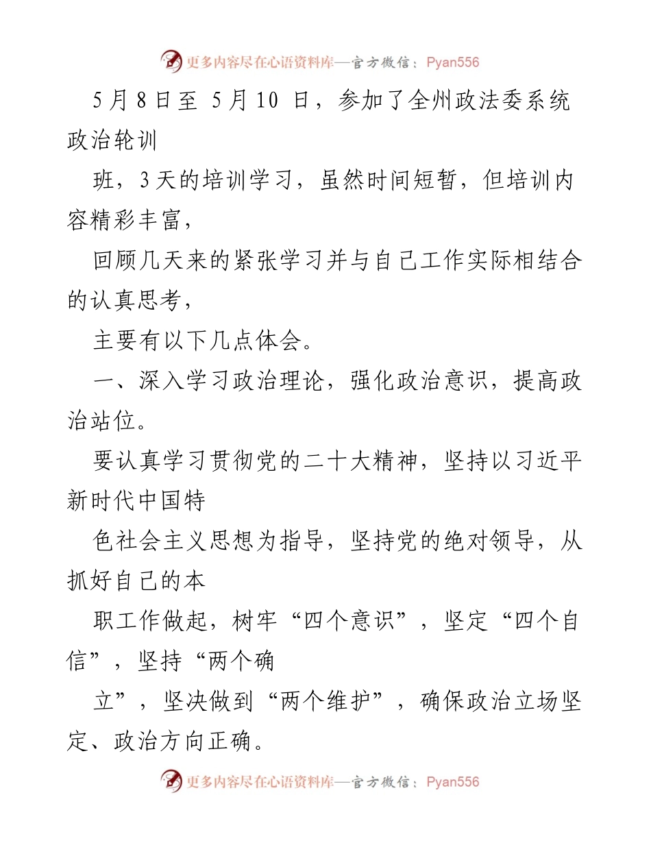 [发言] 政法委系统政治轮训班 - 深化政治意识，服务人民安全.docx_第1页